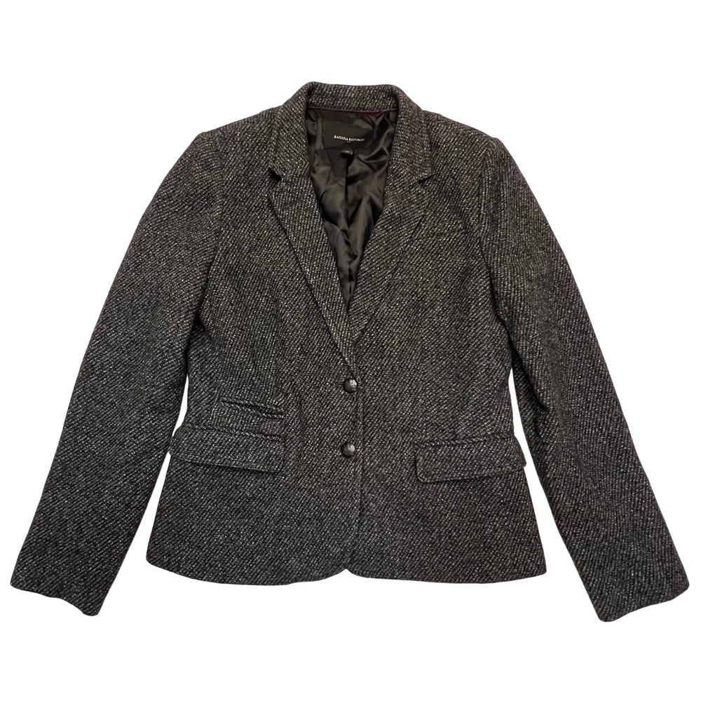 Banana Republic Women's Charcoal Tweed Wool Preppy‎ Dark Academia Blazer Size 12